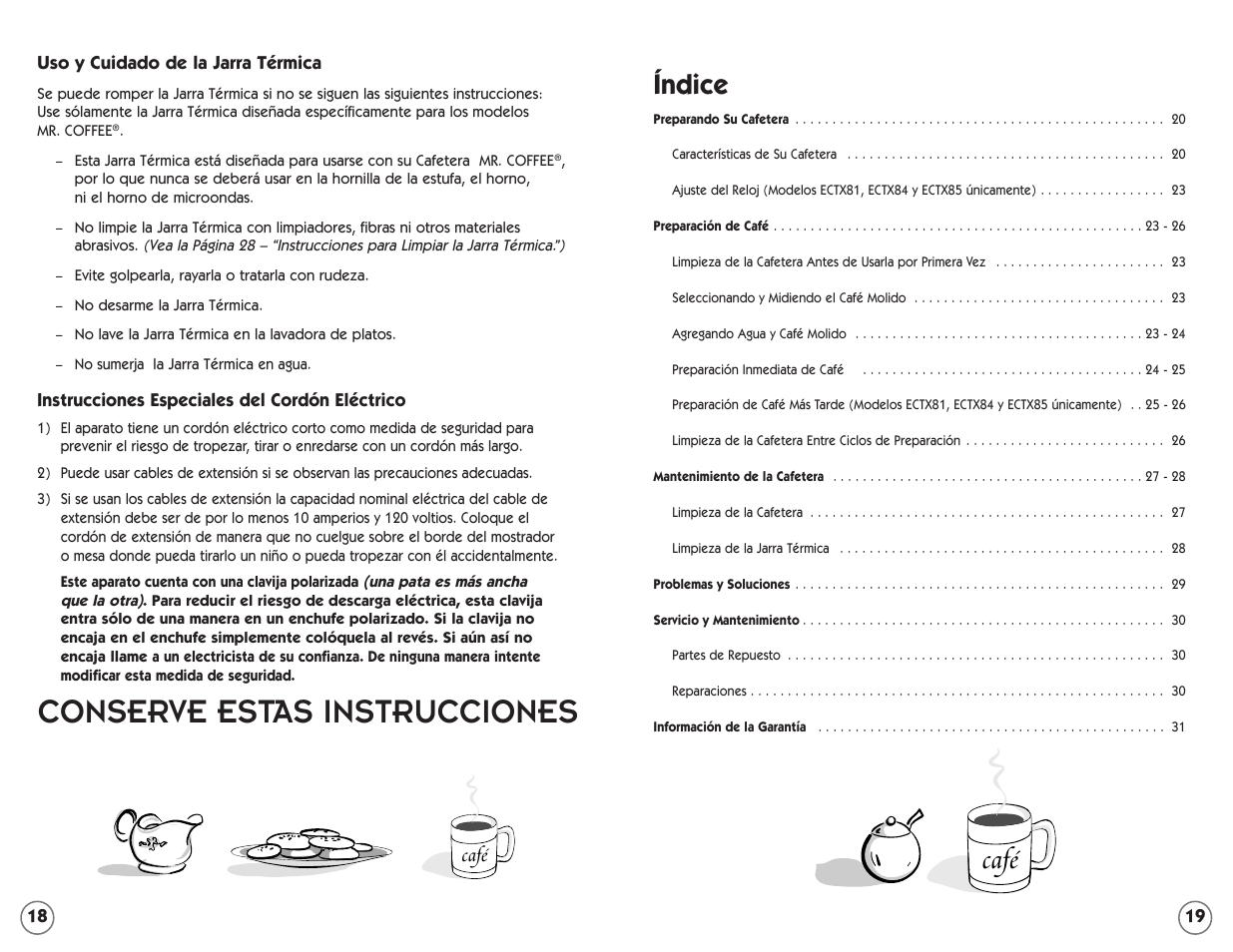 Conserve estas instrucciones, Café, Índice | Mr. Coffee ECTX84 User Manual | Page 10 / 16