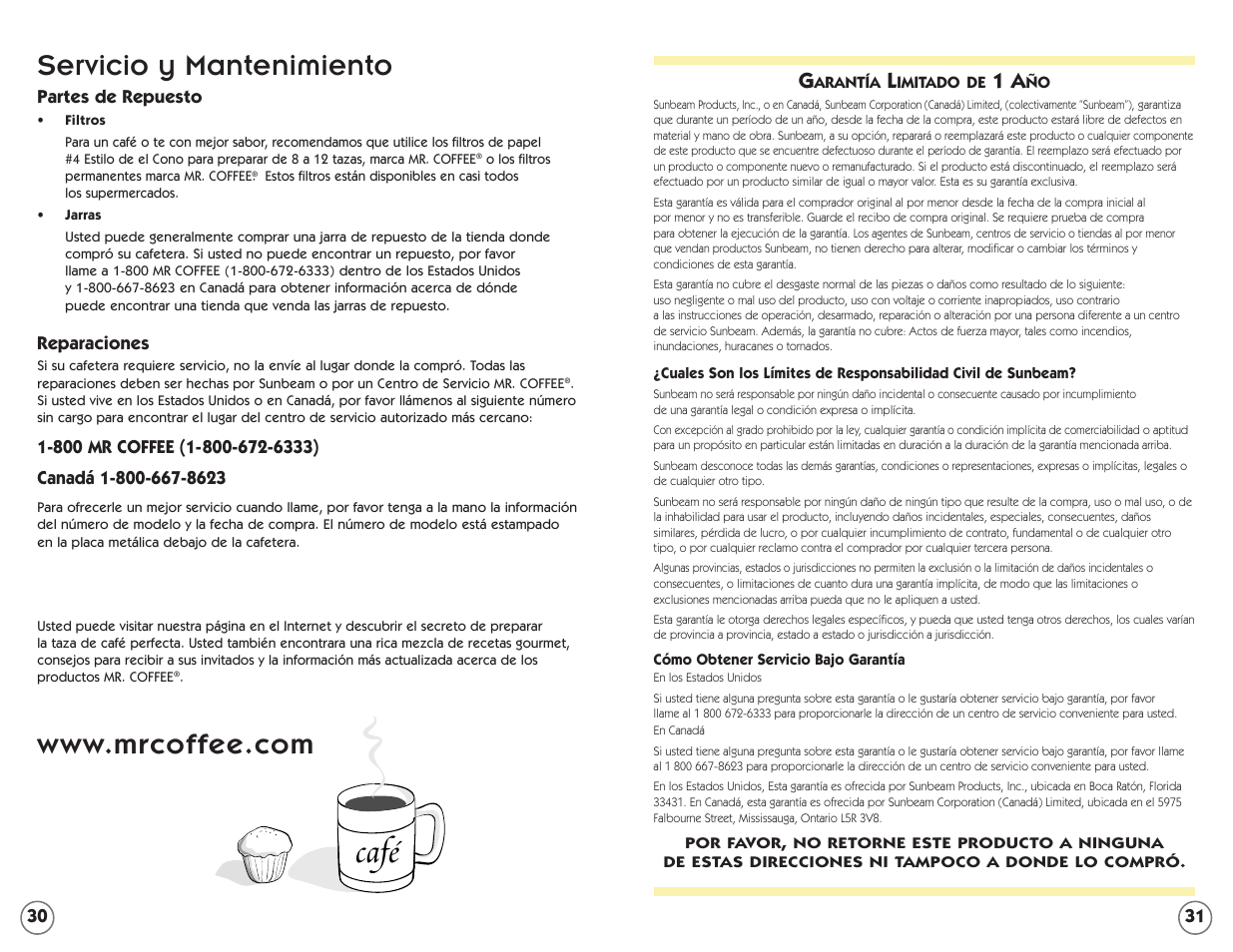 Café, Servicio y mantenimiento | Mr. Coffee ECTX84 User Manual | Page 16 / 16