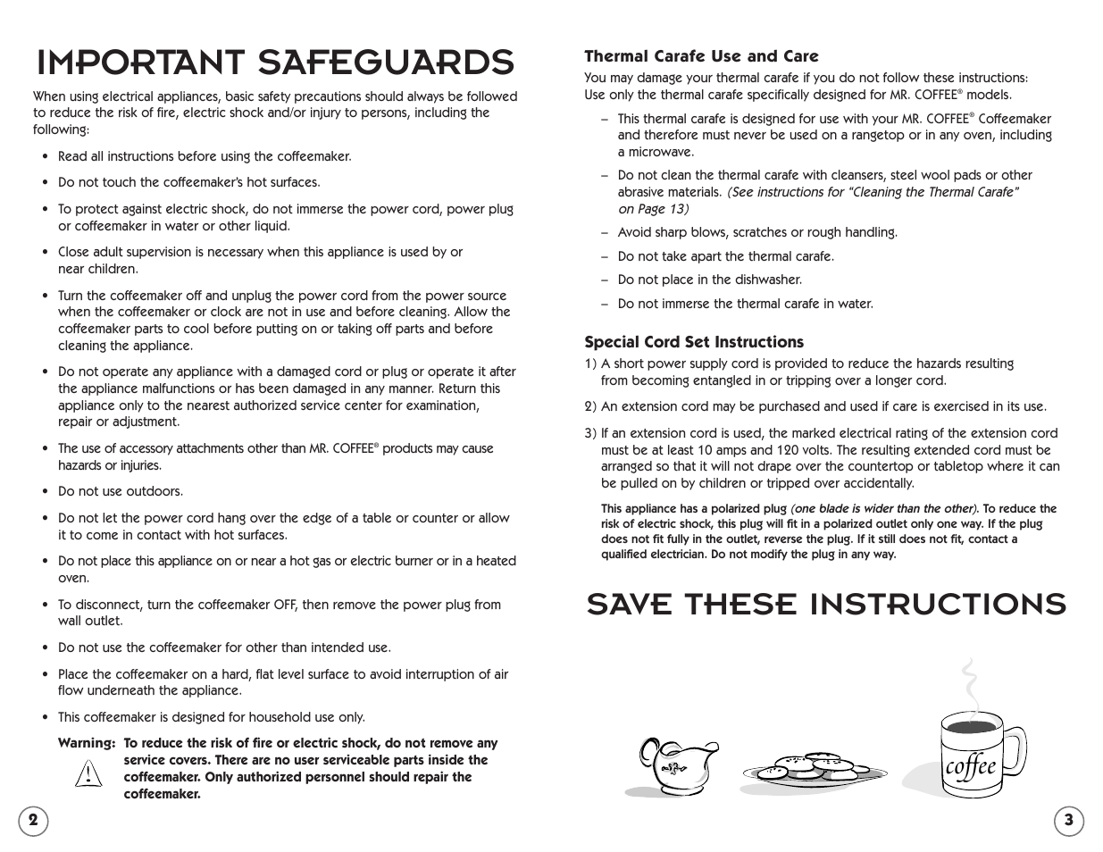Important safeguards, Save these instructions, Coffee | Mr. Coffee ECTX84 User Manual | Page 2 / 16