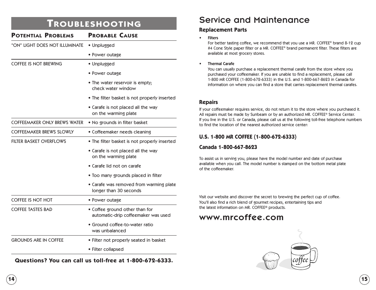 Service and maintenance, Coffee | Mr. Coffee ECTX84 User Manual | Page 8 / 16