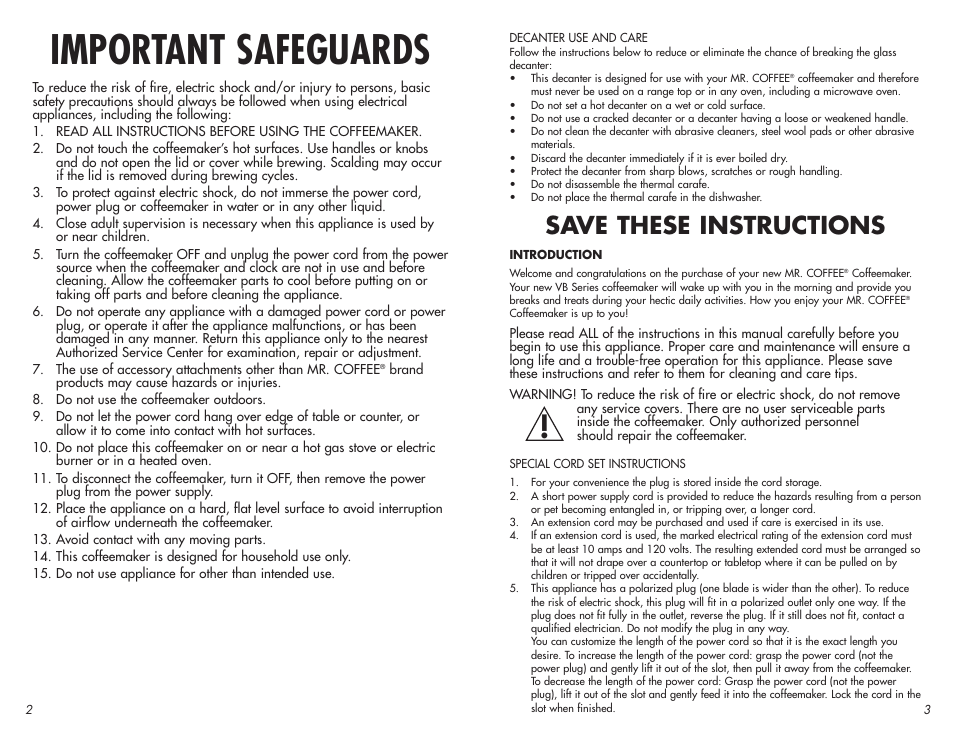 Important safeguards, Save these instructions | Mr. Coffee VB Series User Manual | Page 2 / 14