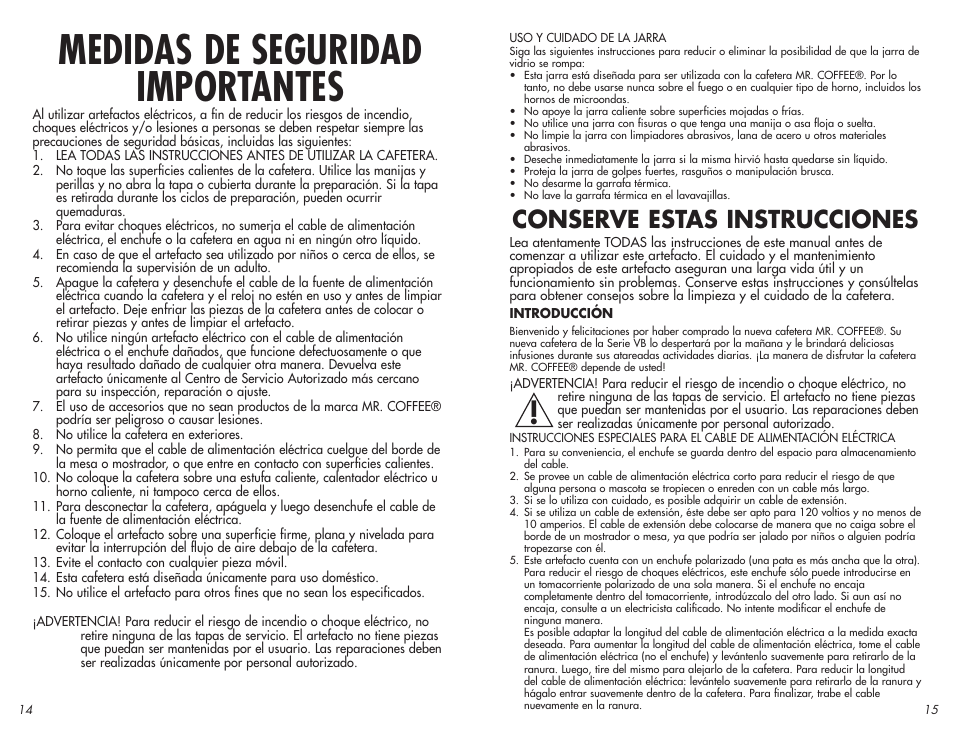 Medidas de seguridad importantes, Conserve estas instrucciones | Mr. Coffee VB Series User Manual | Page 8 / 14