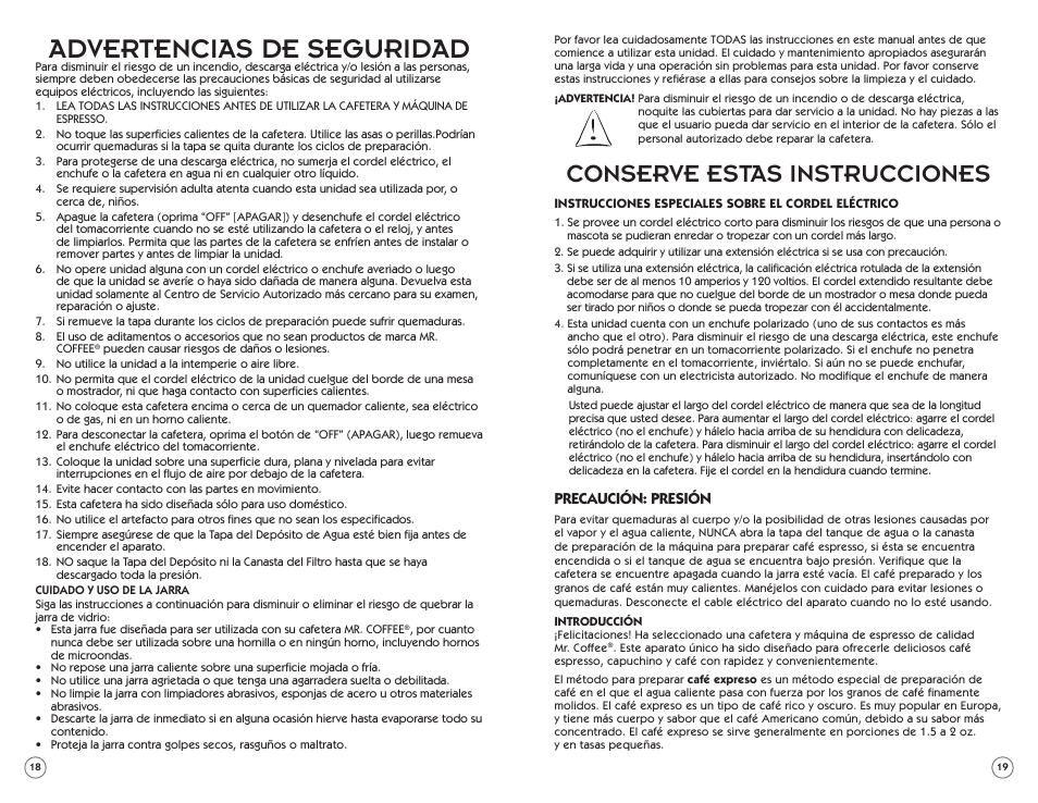 Advertencias de seguridad, Conserve estas instrucciones | Mr. Coffee ECM22 User Manual | Page 10 / 16