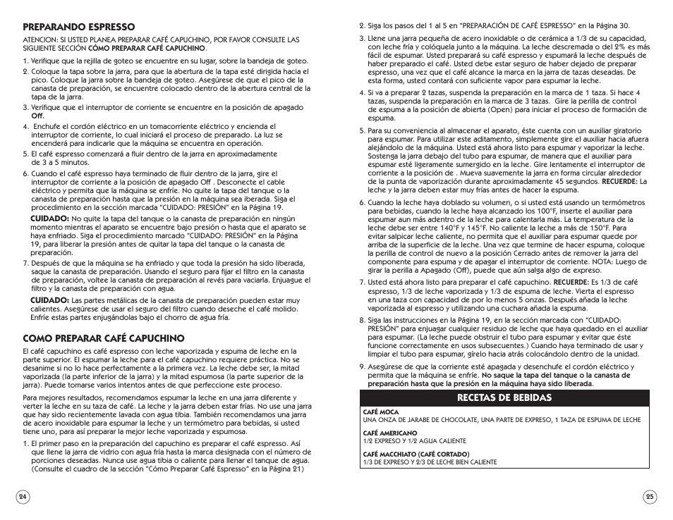 Preparando espresso, Como preparar café capuchino, Recetas de bebidas | Mr. Coffee ECM22 User Manual | Page 13 / 16