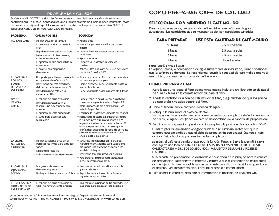 Como preparar café de calidad, Problemas y causas, Seleccionando y midiendo el café molido | Para preparar use esta cantidad de café molido, Cómo preparar café | Mr. Coffee ECM22 User Manual | Page 14 / 16