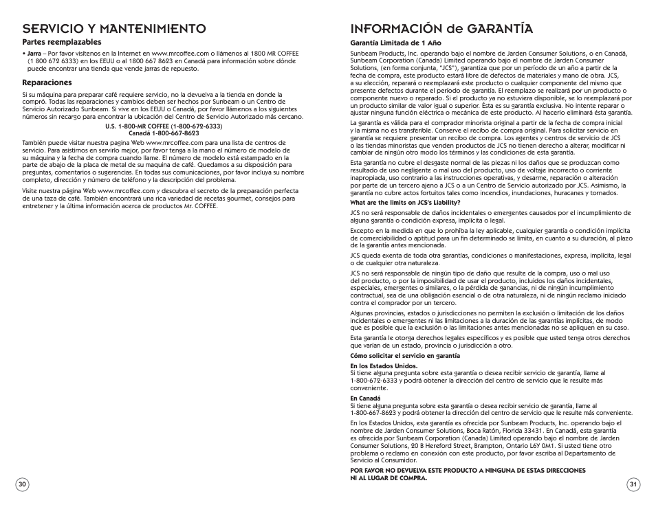 Servicio y mantenimiento, Información de garantía | Mr. Coffee ECM22 User Manual | Page 16 / 16