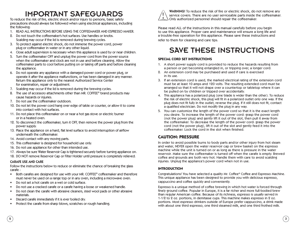 Important safeguards, Save these instructions | Mr. Coffee ECM22 User Manual | Page 2 / 16