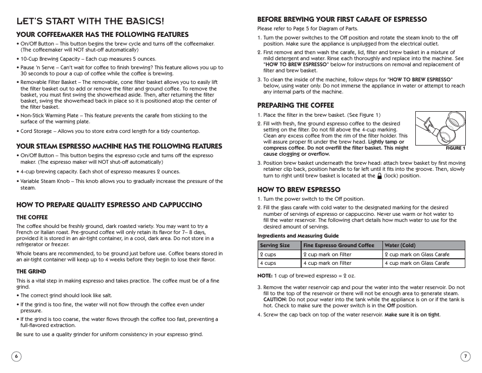 Let’s start with the basics, Your coffeemaker has the following features, How to prepare quality espresso and cappuccino | Before brewing your first carafe of espresso, Preparing the coffee, How to brew espresso | Mr. Coffee ECM22 User Manual | Page 4 / 16