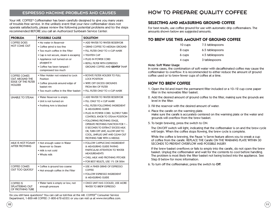 How to prepare quality coffee, Espresso machine problems and causes, Selecting and measuring ground coffee | How to brew coffee | Mr. Coffee ECM22 User Manual | Page 6 / 16