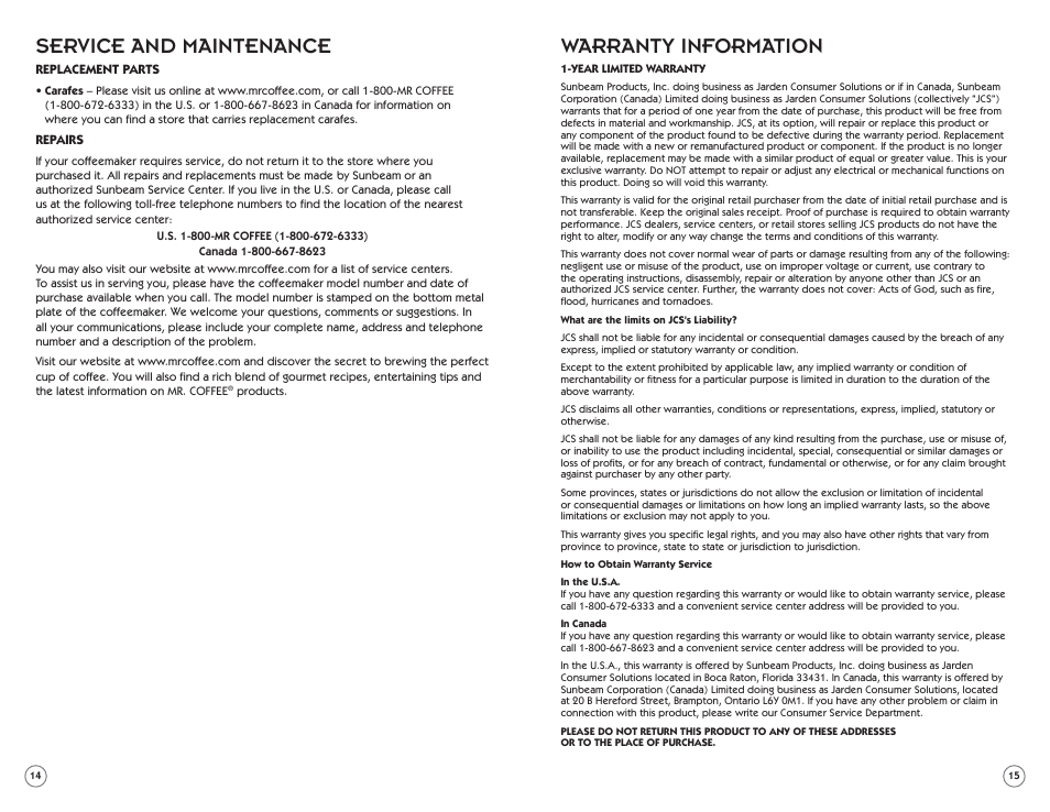 Warranty information, Service and maintenance | Mr. Coffee ECM22 User Manual | Page 8 / 16