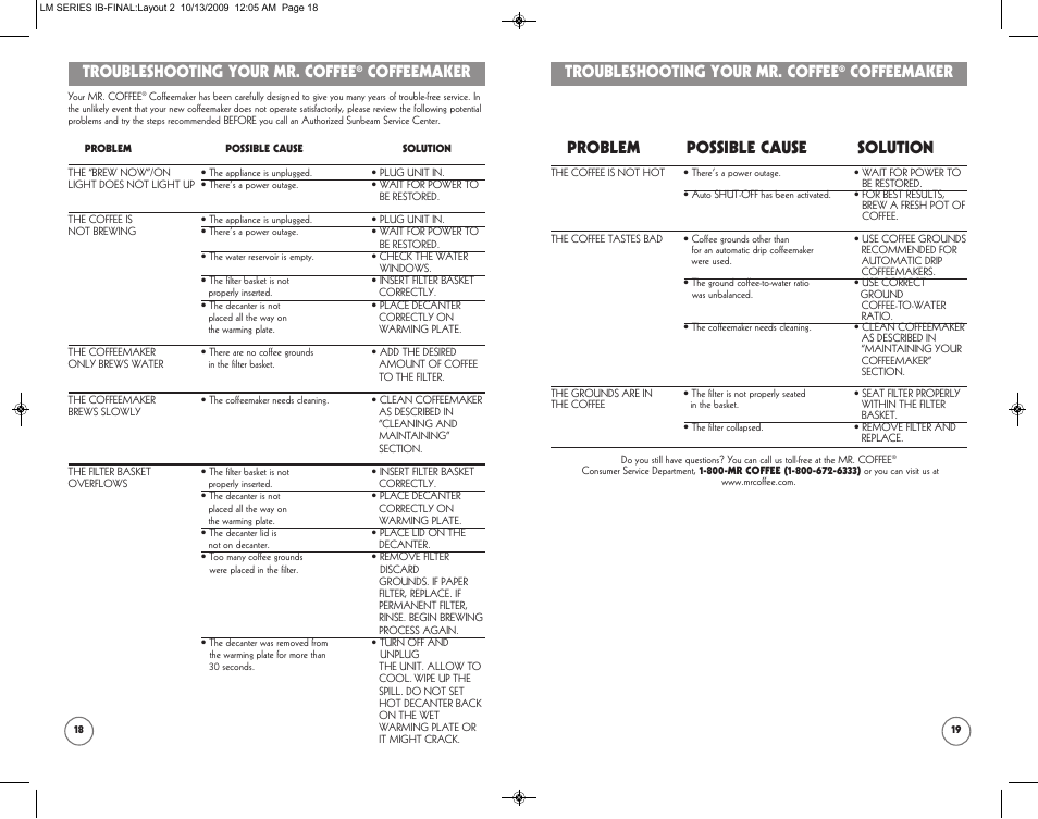 Troubleshooting your mr. coffee, Coffeemaker, Problem possible cause solution | Mr. Coffee SPR-101006 User Manual | Page 10 / 22