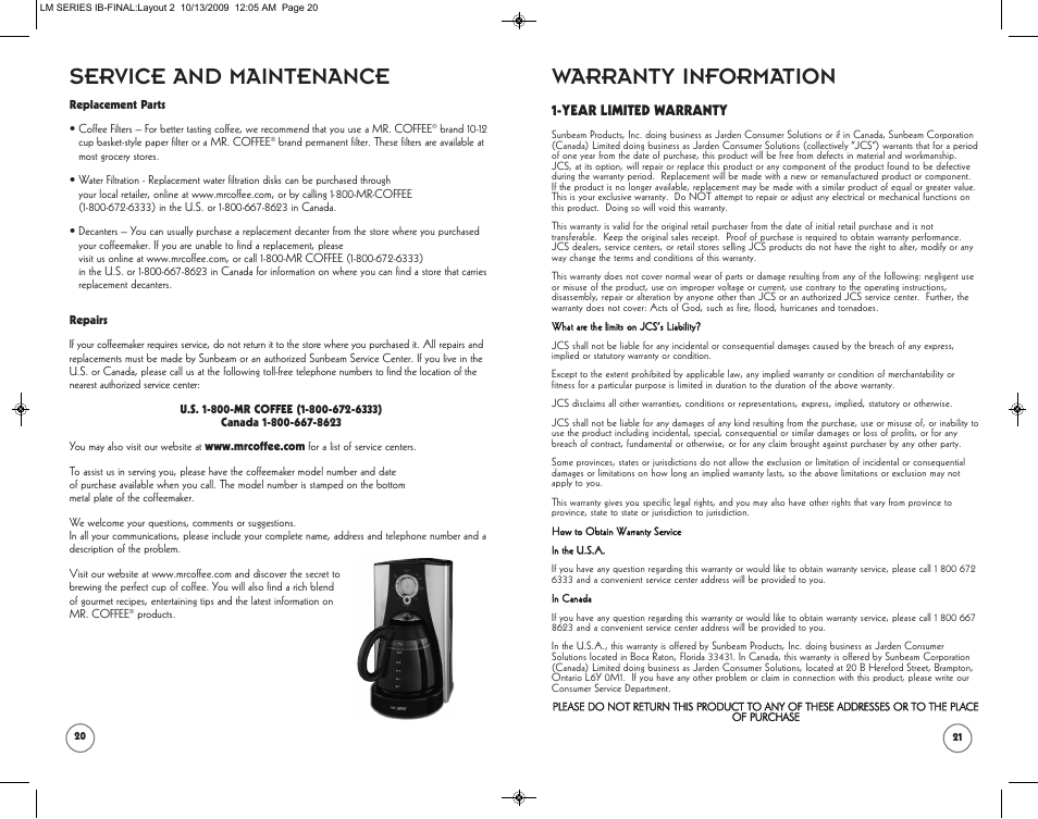 Service and maintenance, Warranty information | Mr. Coffee SPR-101006 User Manual | Page 11 / 22