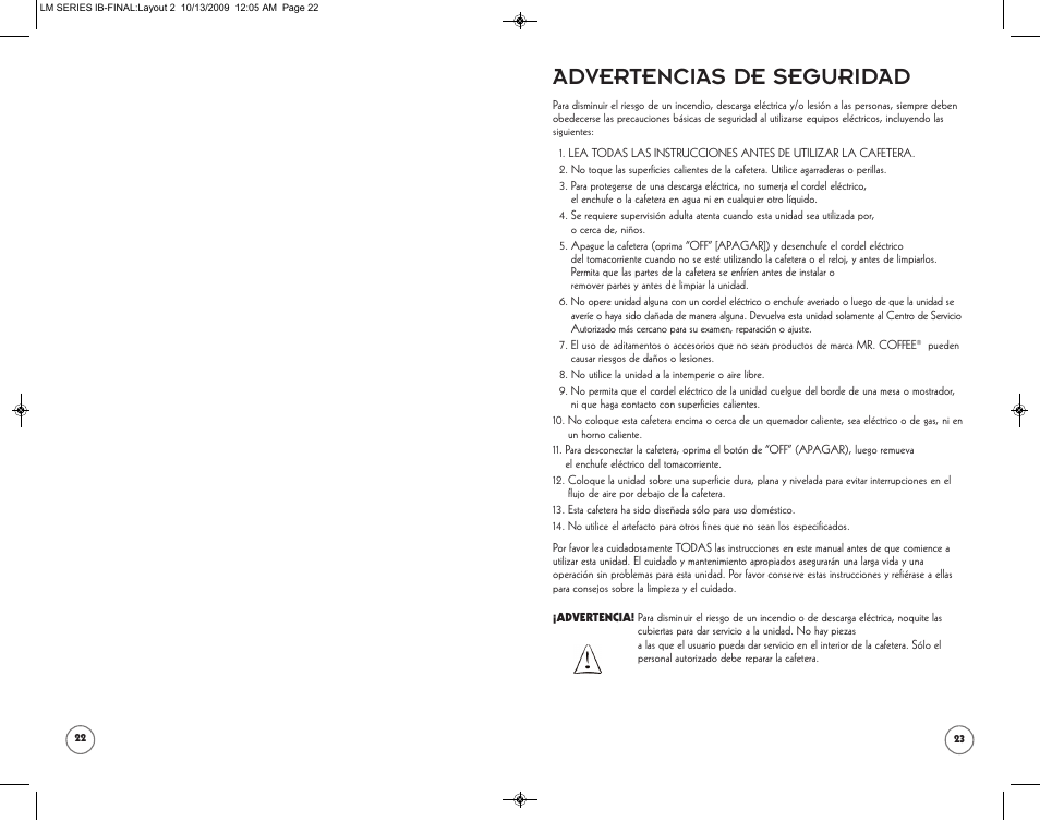 Advertencias de seguridad | Mr. Coffee SPR-101006 User Manual | Page 12 / 22