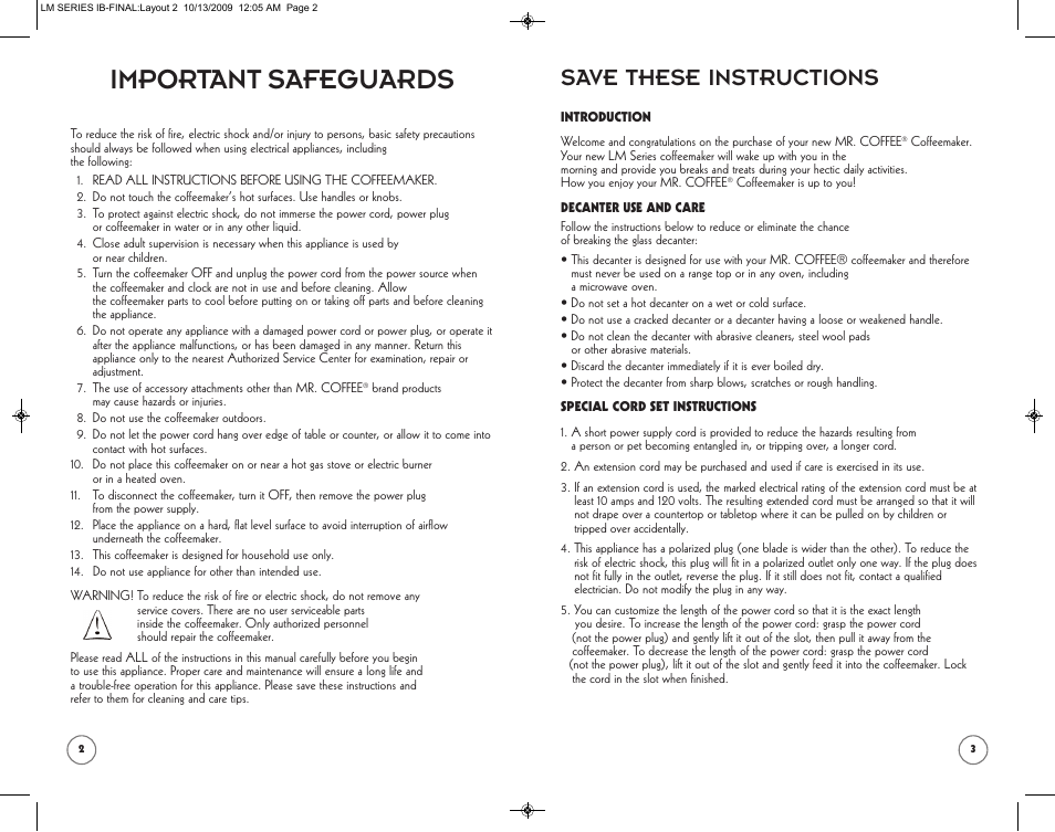 Important safeguards, Save these instructions | Mr. Coffee SPR-101006 User Manual | Page 2 / 22