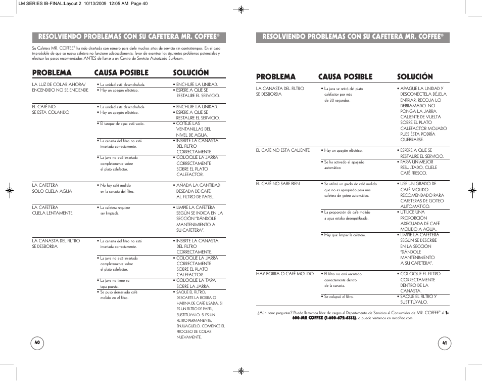 Problema causa posible solución, Resolviendo problemas con su cafetera mr. coffee | Mr. Coffee SPR-101006 User Manual | Page 21 / 22