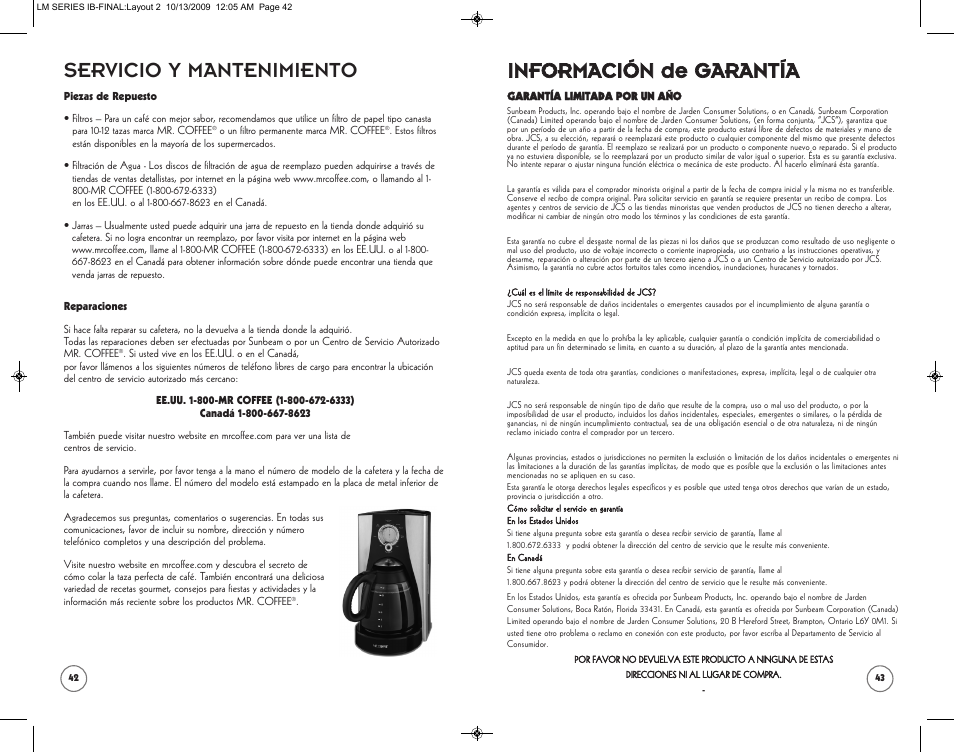 Servicio y mantenimiento, Información de garantía | Mr. Coffee SPR-101006 User Manual | Page 22 / 22