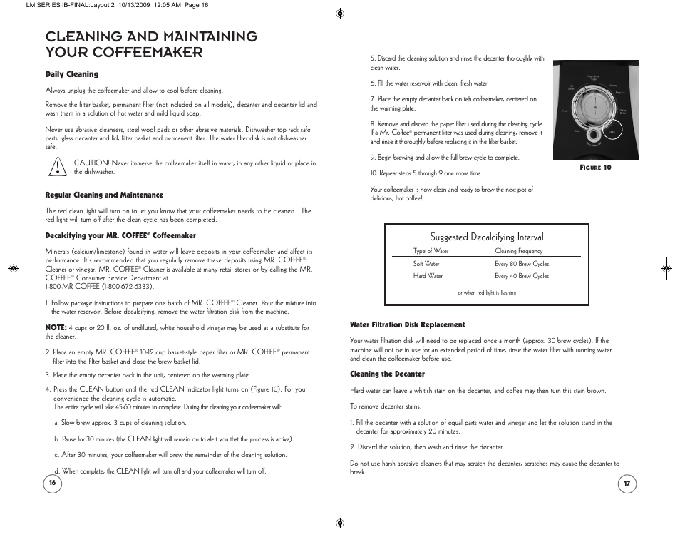 Cleaning and maintaining your coffeemaker, Suggested decalcifying interval | Mr. Coffee SPR-101006 User Manual | Page 9 / 22