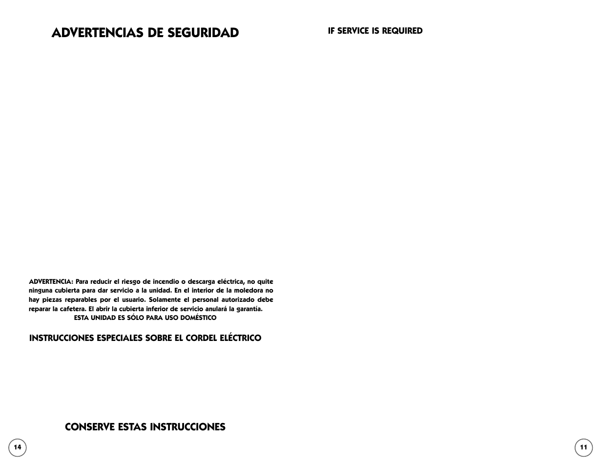 Advertencias de seguridad, Conserve estas instrucciones, If service is required | Instrucciones especiales sobre el cordel eléctrico | Mr. Coffee ID575 User Manual | Page 11 / 12