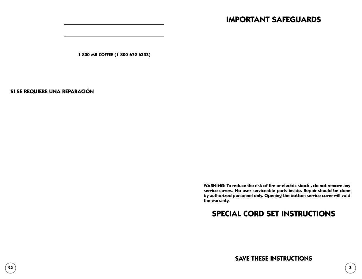 Important safeguards, Special cord set instructions, Save these instructions | Mr. Coffee ID575 User Manual | Page 3 / 12