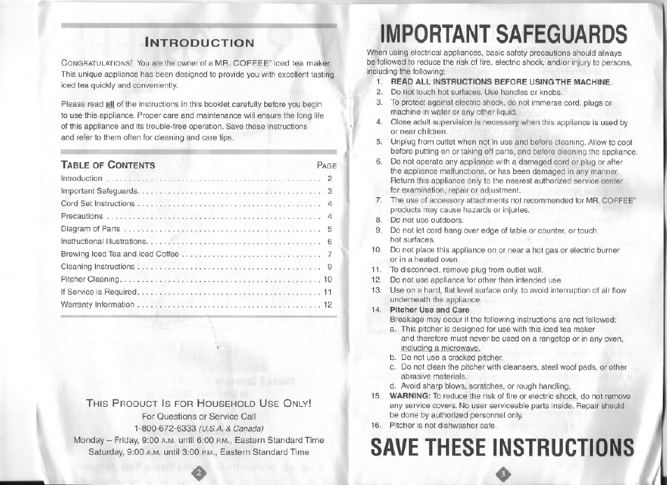 Important safeguards, Save these instructions | Mr. Coffee TM1 Series User Manual | Page 2 / 7