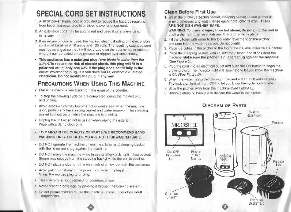 Special cord set instructions, Clean before first use | Mr. Coffee TM1 Series User Manual | Page 3 / 7