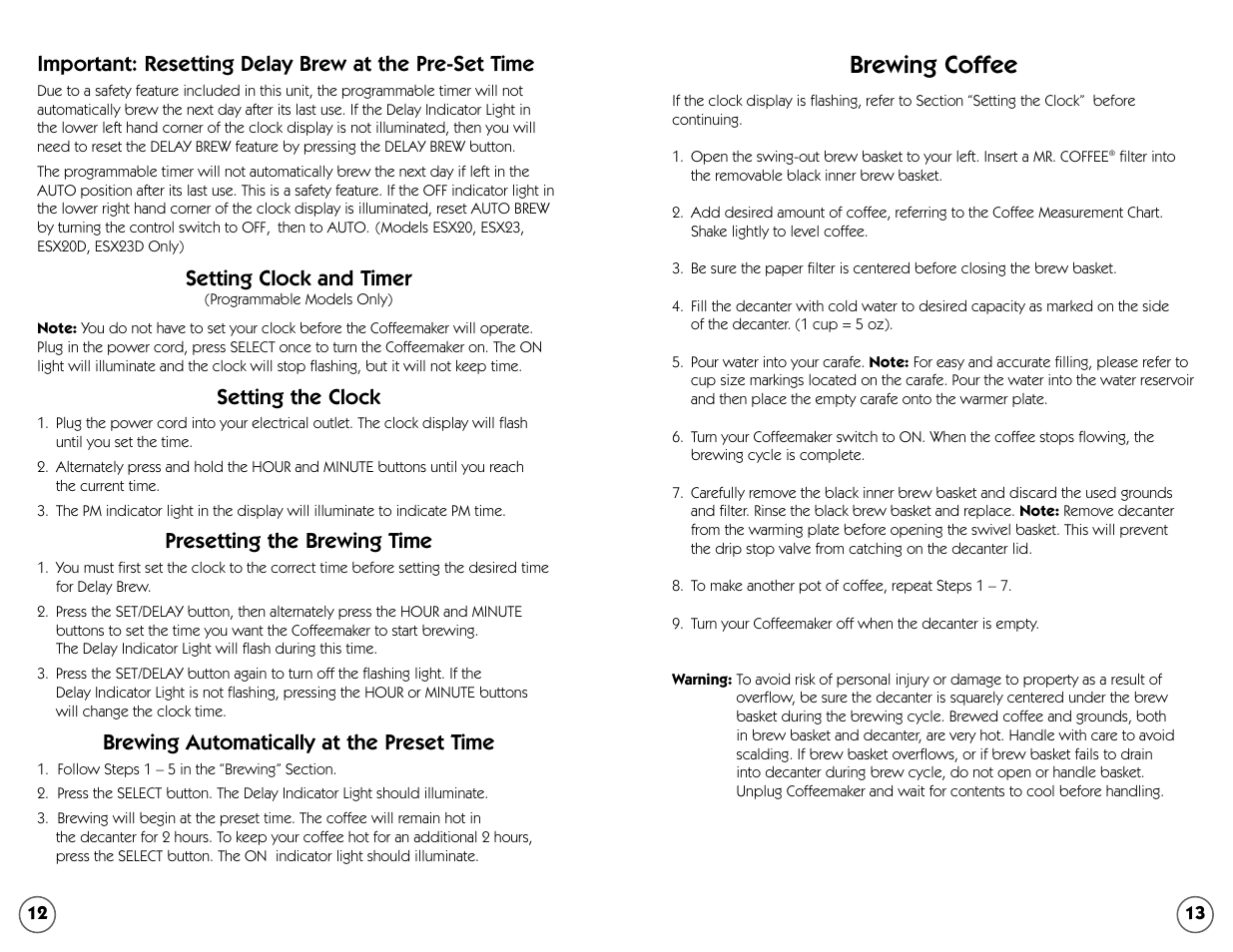 Brewing coffee, Setting clock and timer, Setting the clock | Presetting the brewing time, Brewing automatically at the preset time | Mr. Coffee ESS11 User Manual | Page 12 / 36