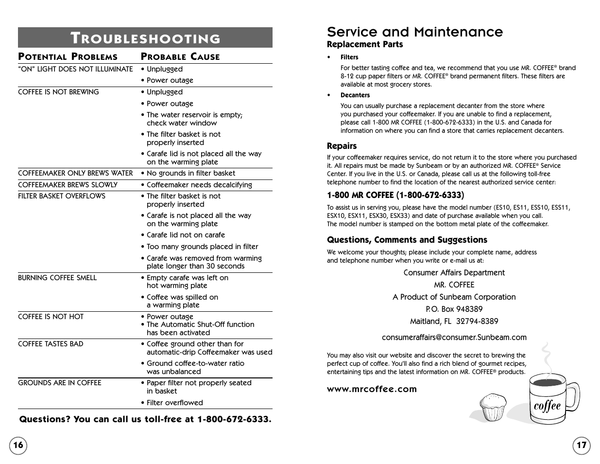 Service and maintenance | Mr. Coffee ESS11 User Manual | Page 16 / 36