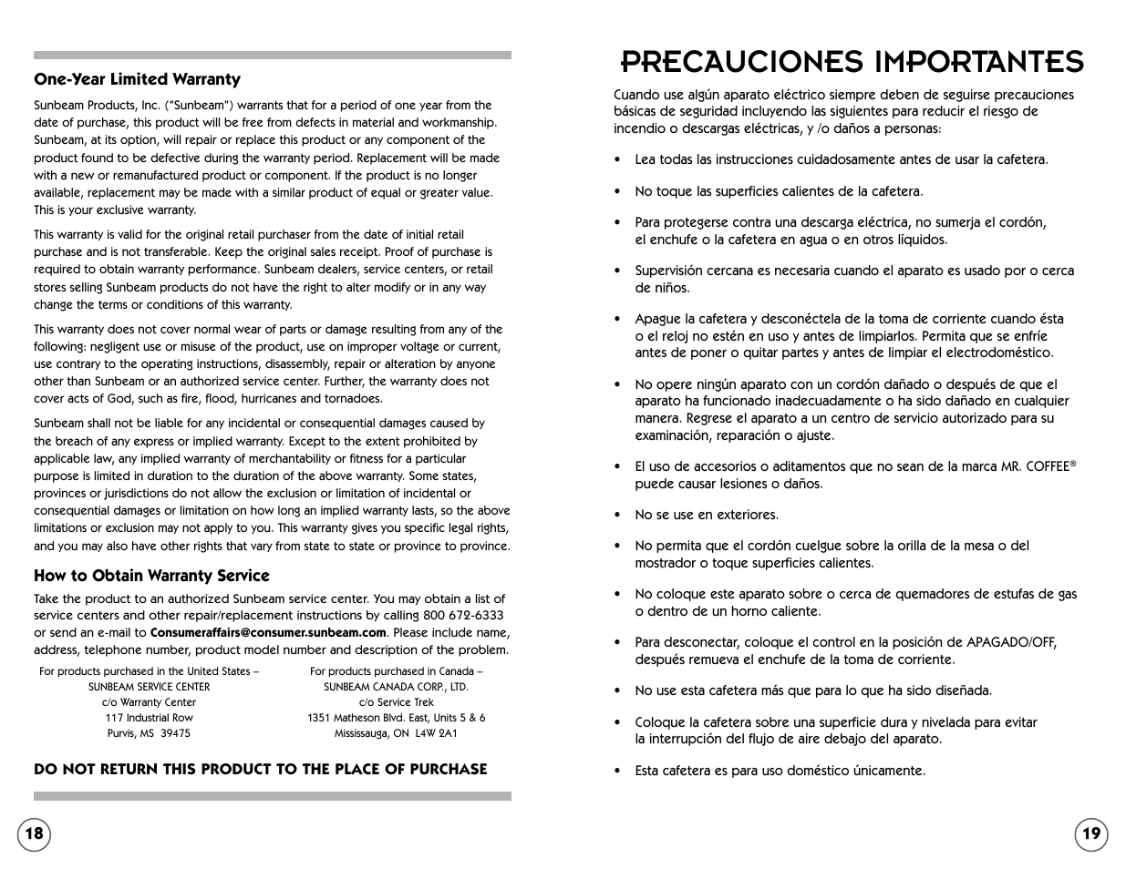 Precauciones importantes | Mr. Coffee ESS11 User Manual | Page 18 / 36