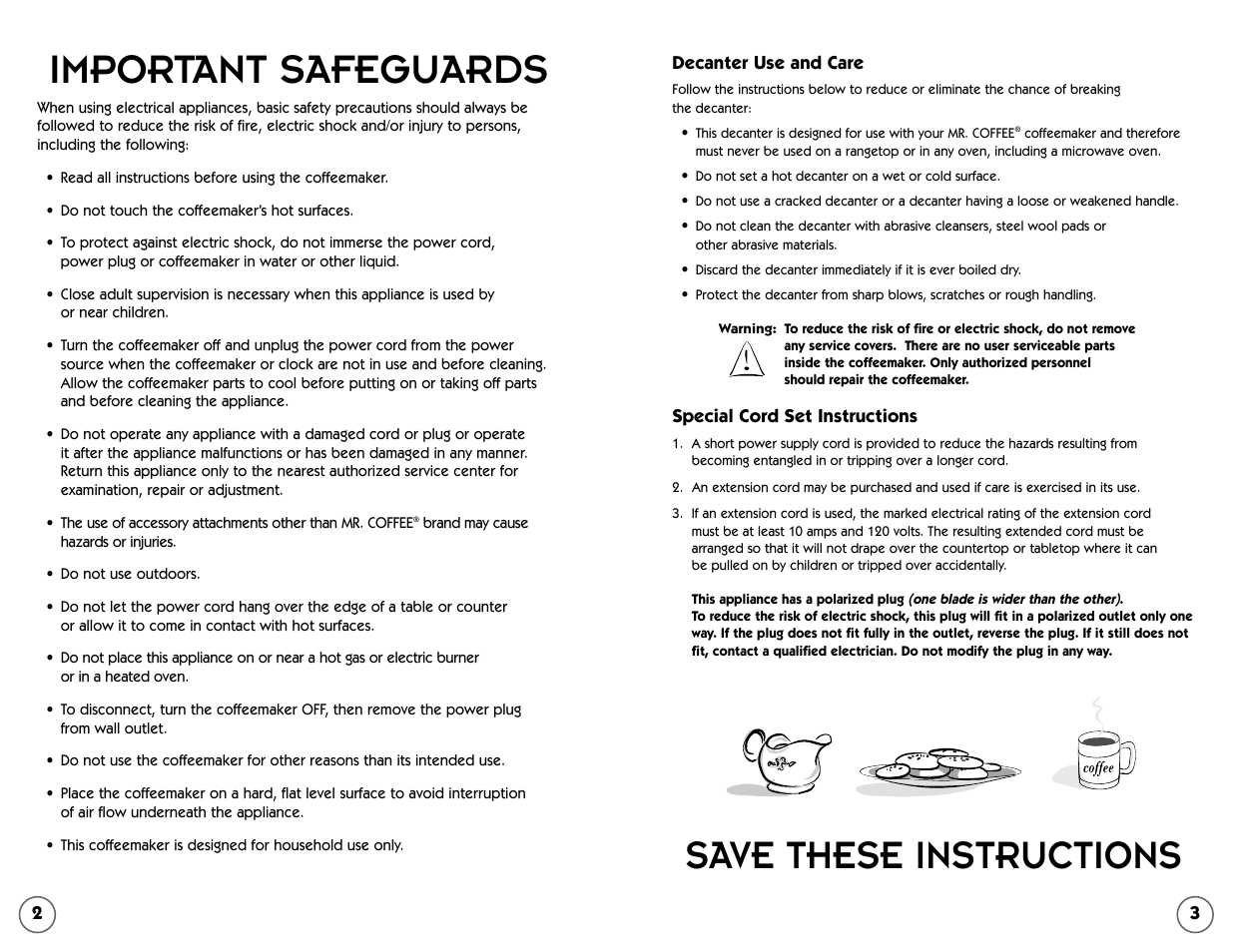Important safeguards, Save these instructions | Mr. Coffee ESS11 User Manual | Page 2 / 36