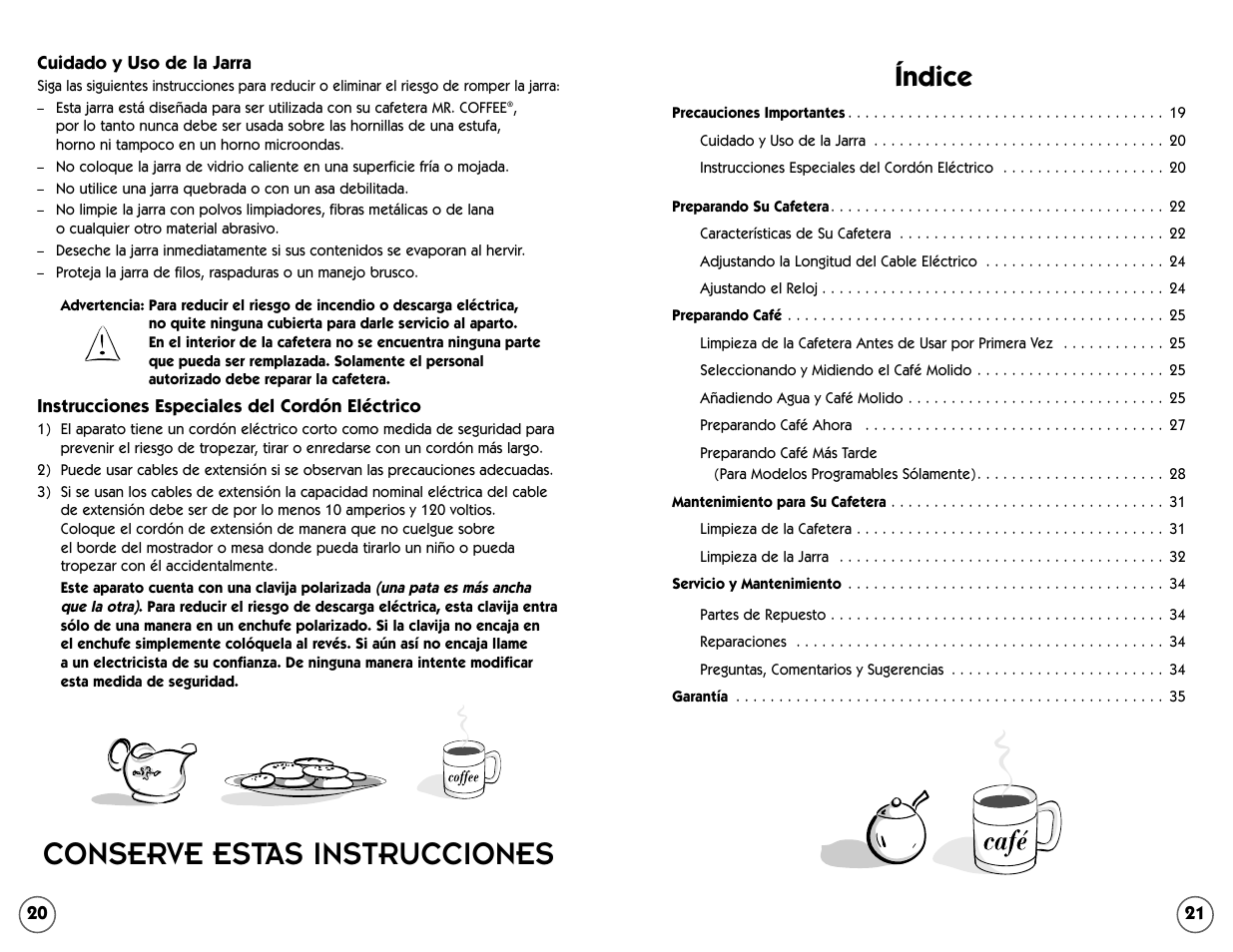 Conserve estas instrucciones, Índice | Mr. Coffee ESS11 User Manual | Page 21 / 36