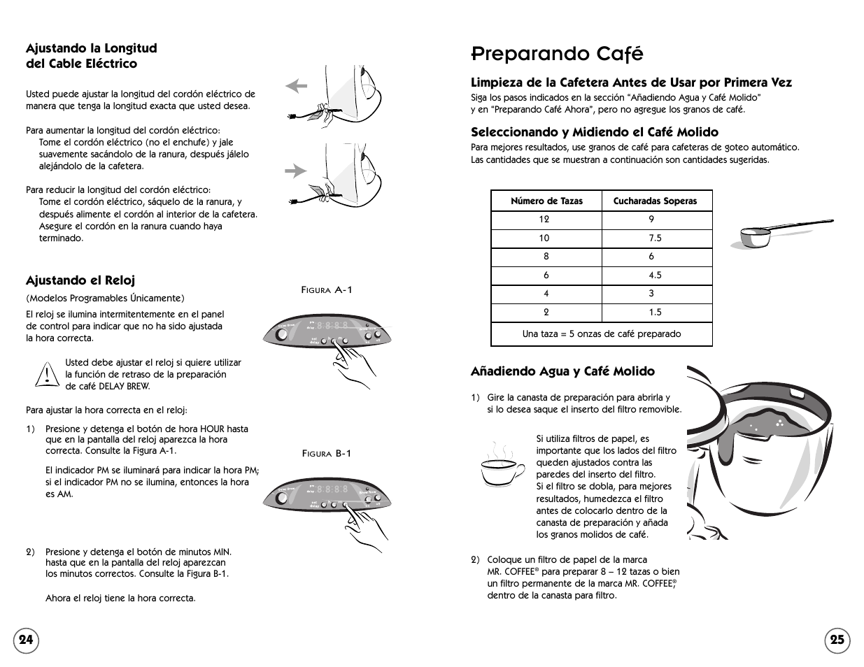 Preparando café, Seleccionando y midiendo el café molido, Añadiendo agua y café molido | Ajustando la longitud del cable eléctrico, Ajustando el reloj | Mr. Coffee ESS11 User Manual | Page 25 / 36