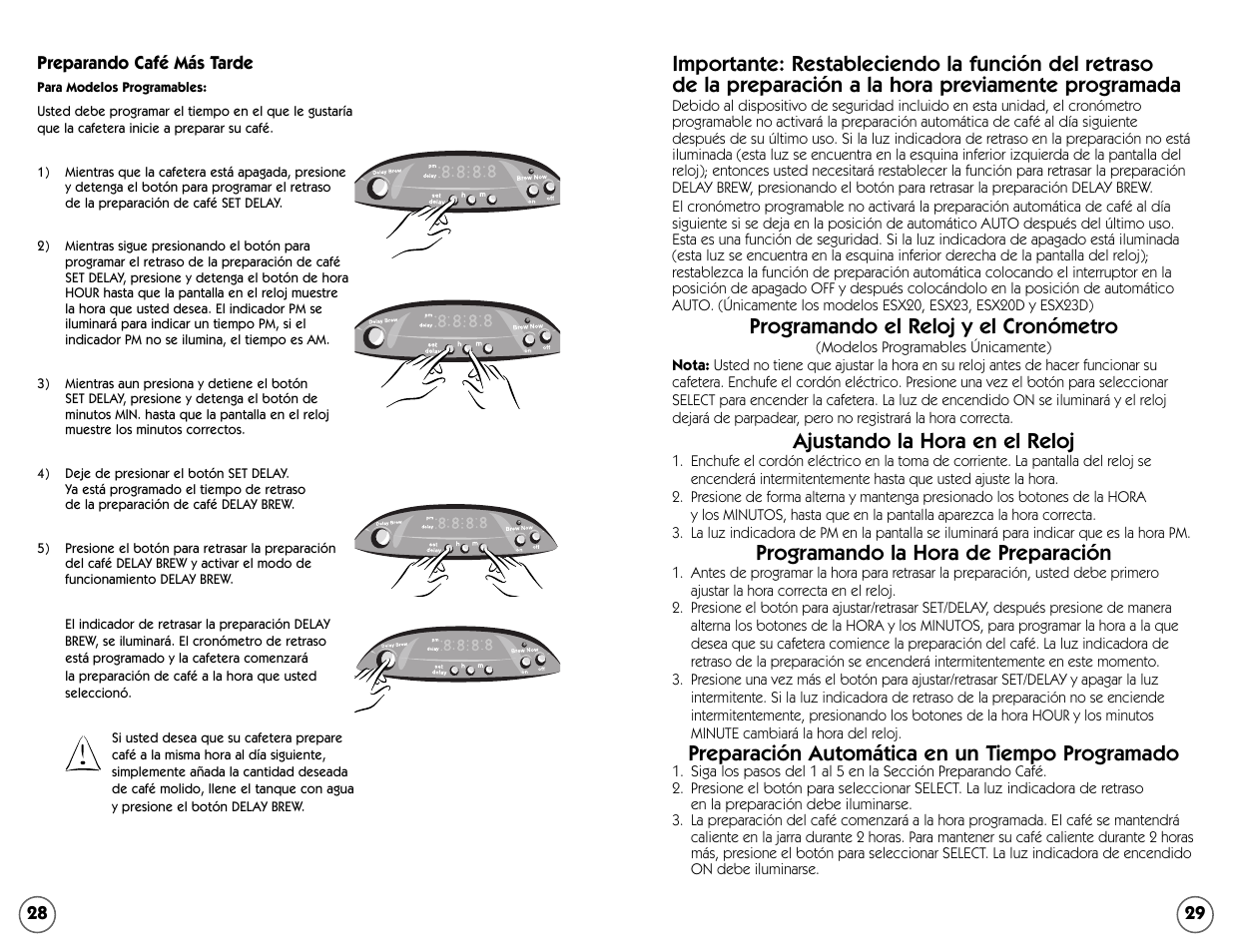 Programando el reloj y el cronómetro, Ajustando la hora en el reloj, Programando la hora de preparación | Preparación automática en un tiempo programado | Mr. Coffee ESS11 User Manual | Page 29 / 36