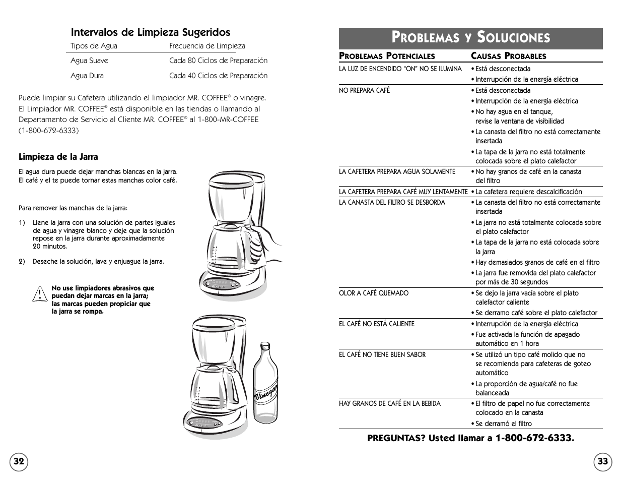 Roblemas y, Oluciones, Intervalos de limpieza sugeridos | Mr. Coffee ESS11 User Manual | Page 32 / 36