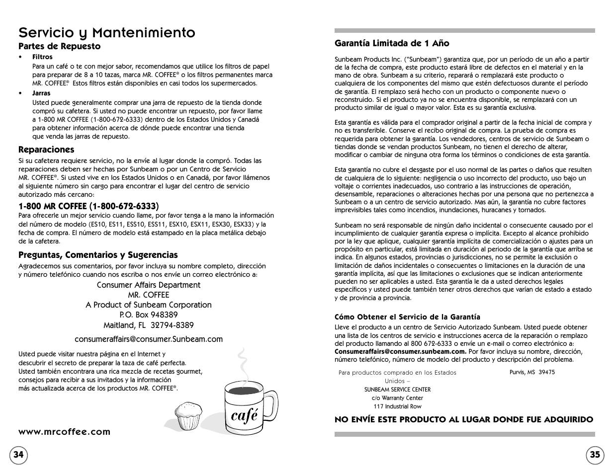 Servicio y mantenimiento | Mr. Coffee ESS11 User Manual | Page 34 / 36