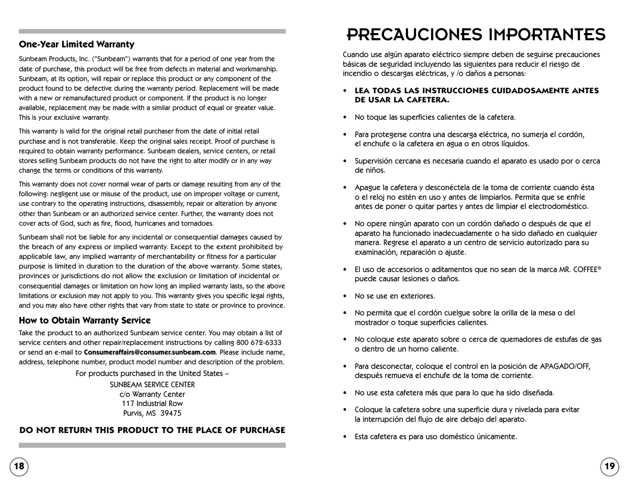 Precauciones importantes | Mr. Coffee AR Series User Manual | Page 10 / 18