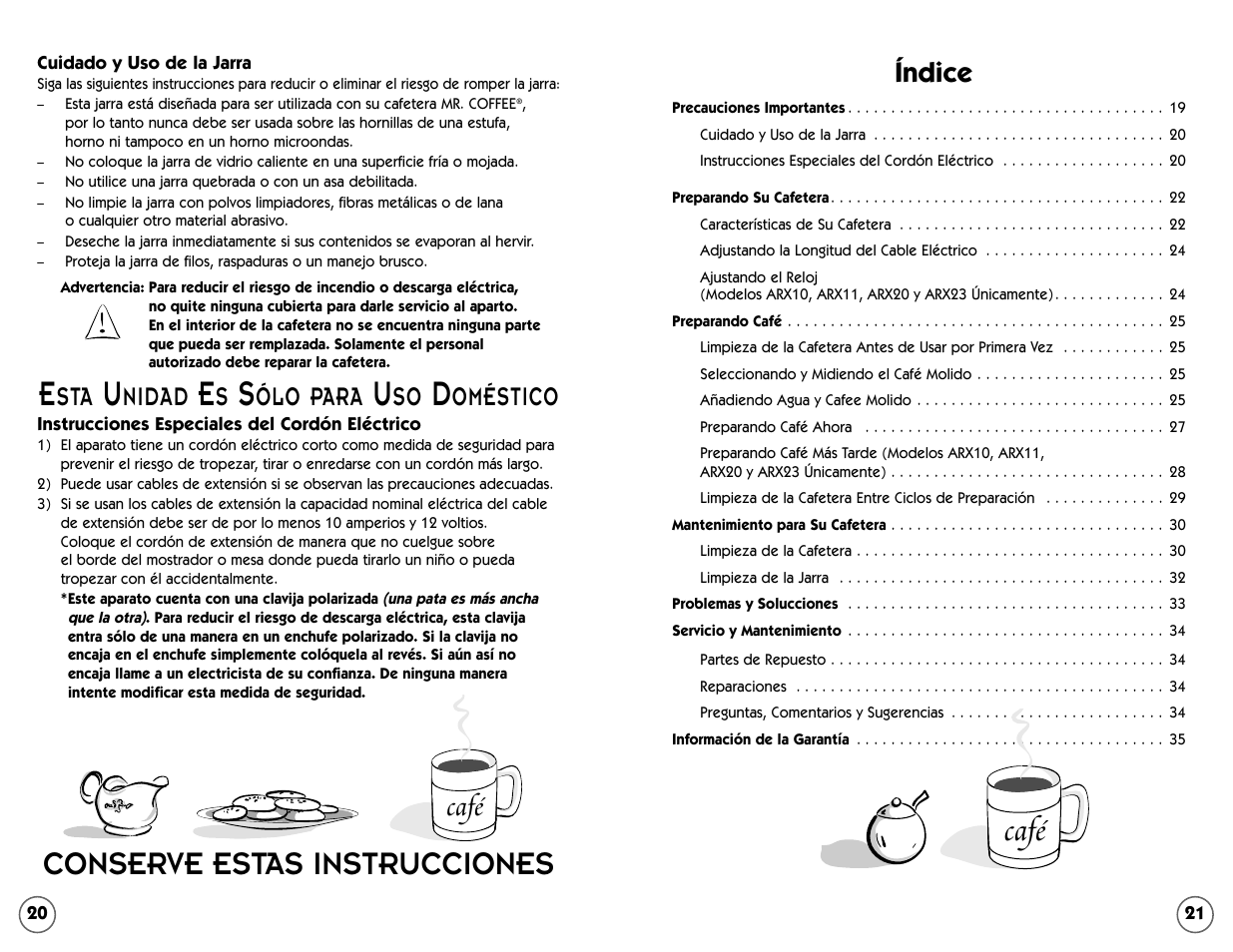 Café, Conserve estas instrucciones, Índice | Nidad, Ólo para, Oméstico | Mr. Coffee AR Series User Manual | Page 11 / 18