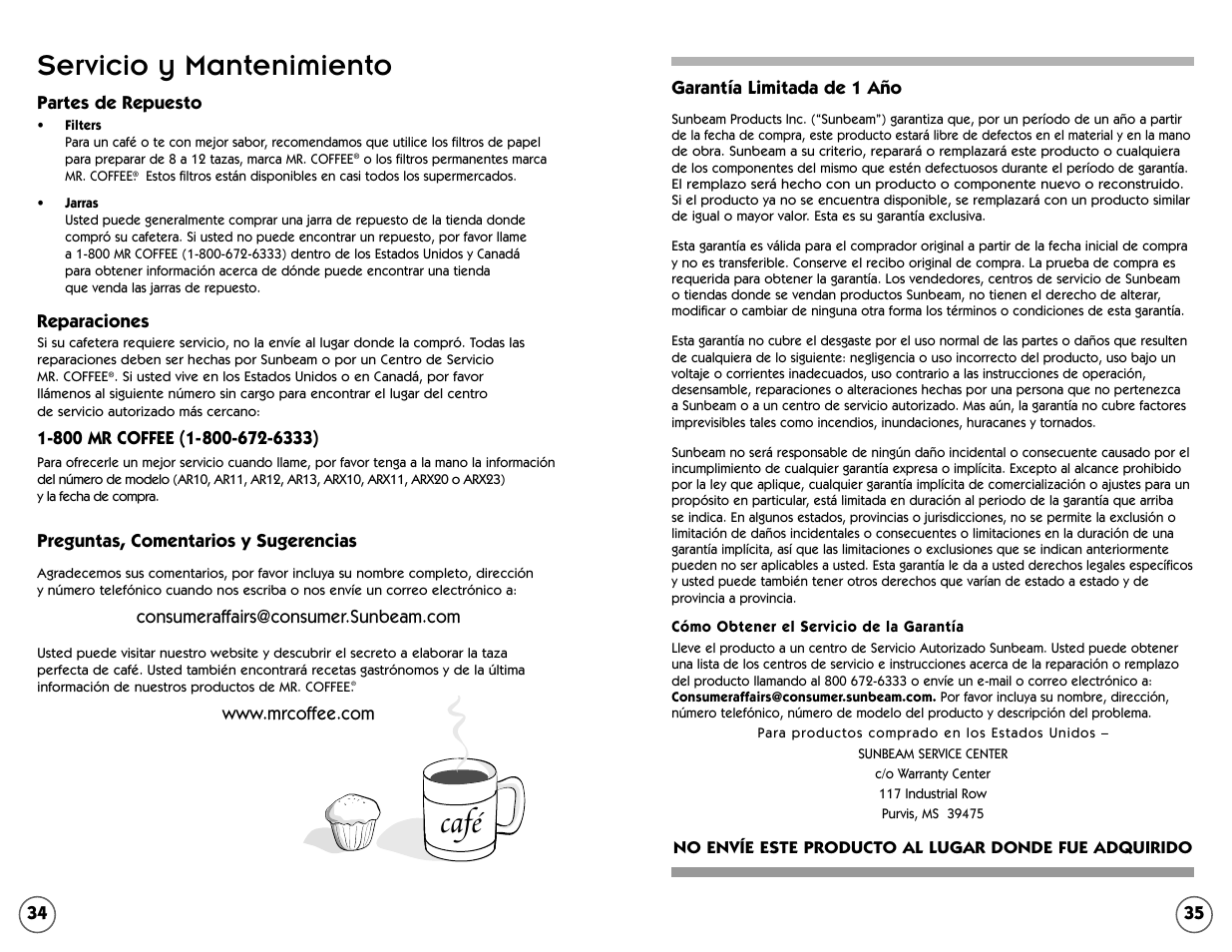 Café, Servicio y mantenimiento | Mr. Coffee AR Series User Manual | Page 18 / 18