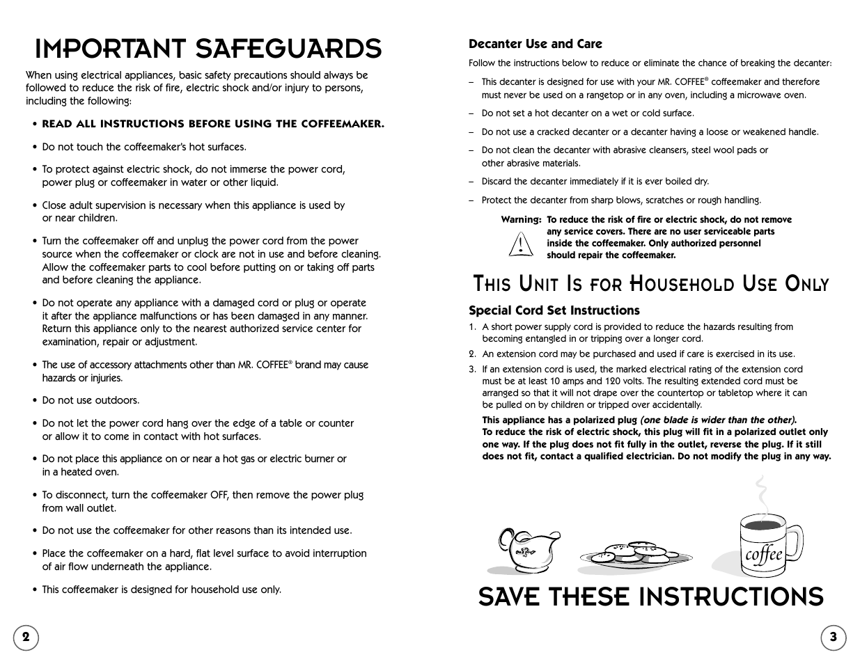 Important safeguards, Save these instructions, Coffee | S for, Ousehold | Mr. Coffee AR Series User Manual | Page 2 / 18