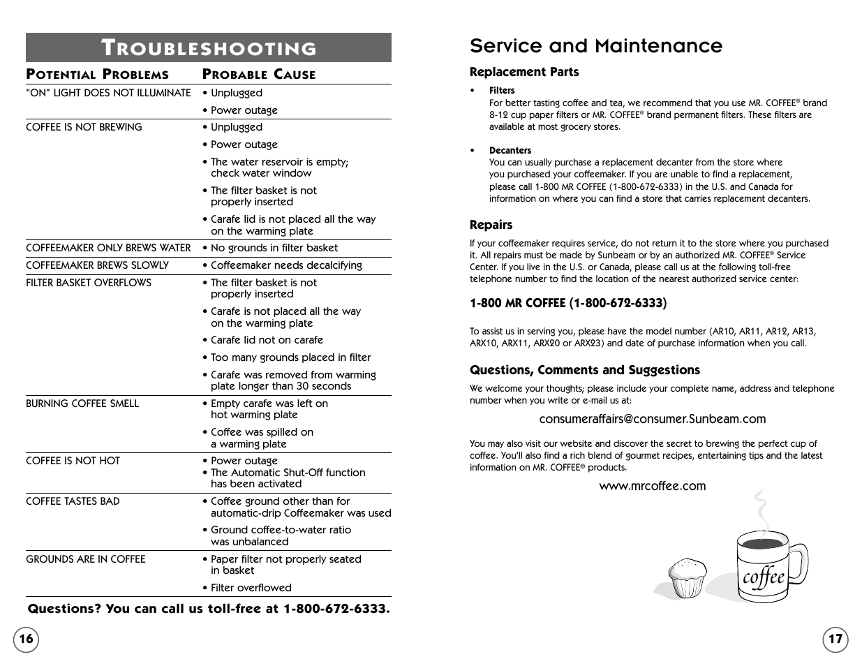 Coffee, Service and maintenance | Mr. Coffee AR Series User Manual | Page 9 / 18