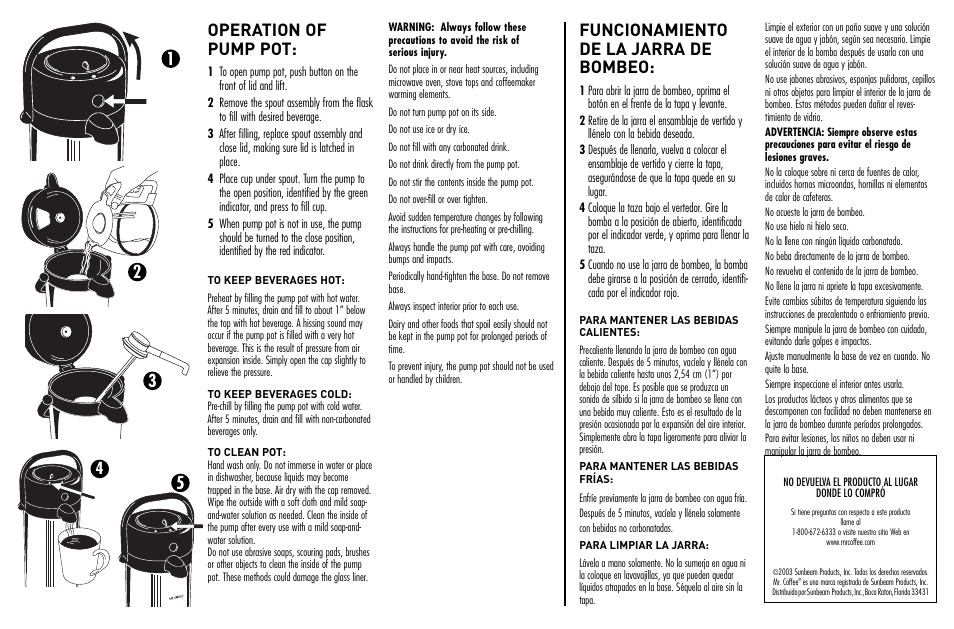 Operation of pump pot, Funcionamiento de la jarra de bombeo | Mr. Coffee STAINLESSSTEEL ThermalPumpPot coffeemaker User Manual | Page 2 / 2