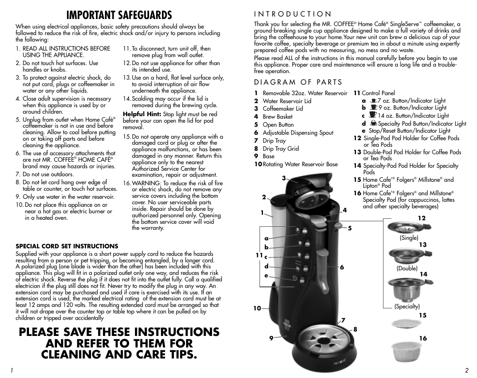 Important safeguards | Mr. Coffee AT13 User Manual | Page 2 / 11