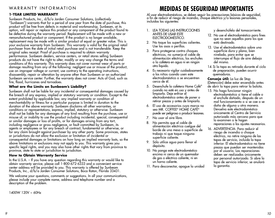 Medidas de seguridad importantes | Mr. Coffee AT13 User Manual | Page 6 / 11