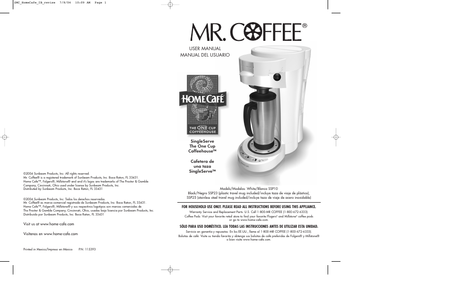 Mr. Coffee SSP10 User Manual | 8 pages