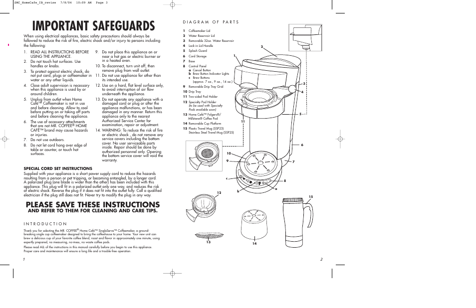 Important safeguards, Please save these instructions, And refer to them for cleaning and care tips | Mr. Coffee SSP10 User Manual | Page 2 / 8
