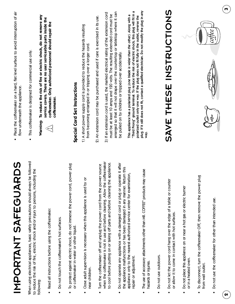 Impor t ant safeguards, Sa ve these instructions, Cof fee | Mr. Coffee CBTU45 User Manual | Page 2 / 10