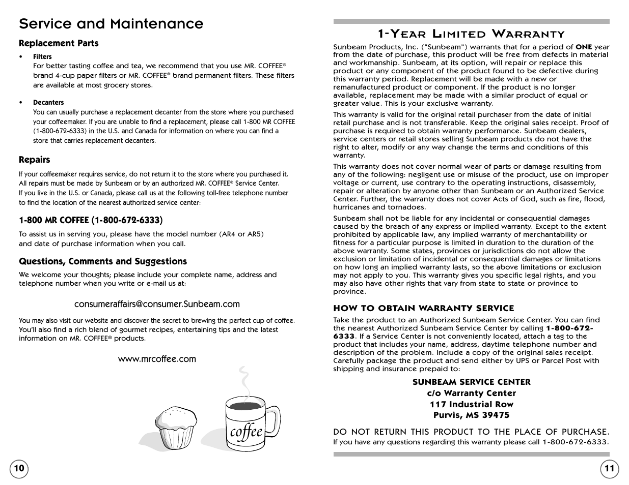 Coffee, Service and maintenance | Mr. Coffee AR5 User Manual | Page 10 / 12