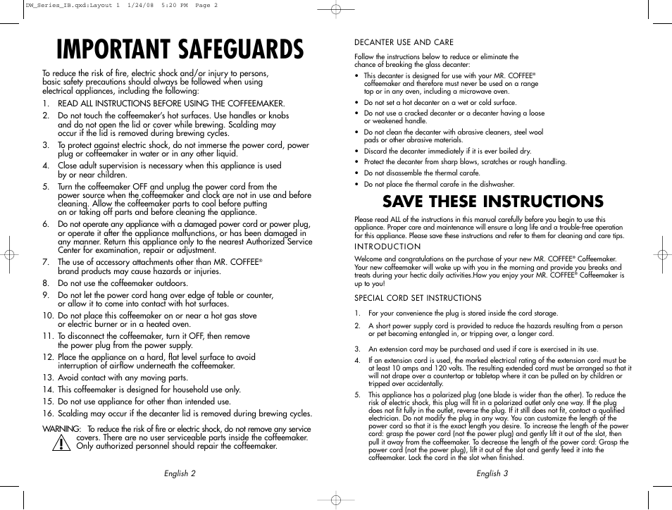 Important safeguards, Save these instructions | Mr. Coffee DW12 User Manual | Page 2 / 14