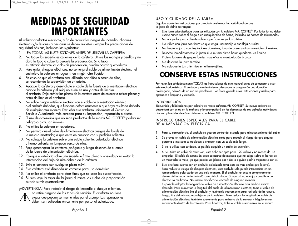 Medidas de seguridad importantes, Conserve estas instrucciones | Mr. Coffee DW12 User Manual | Page 8 / 14