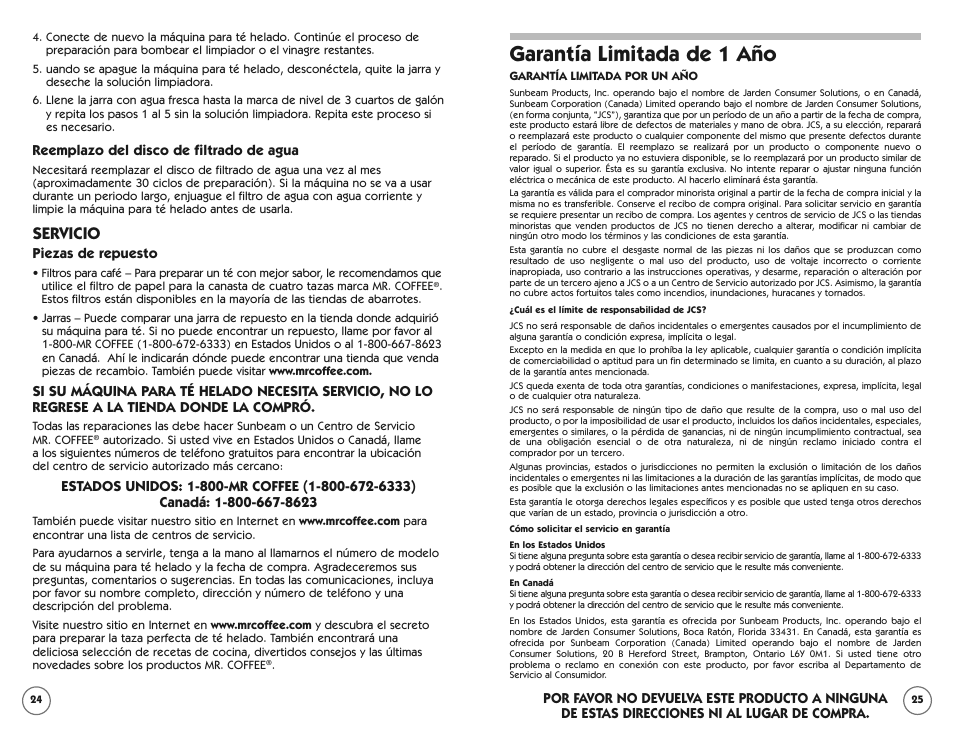 Garantía limitada de 1 año, Servicio | Mr. Coffee TM70 User Manual | Page 14 / 14