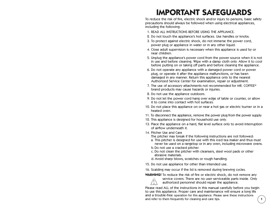 Important safeguards | Mr. Coffee TM70 User Manual | Page 2 / 14